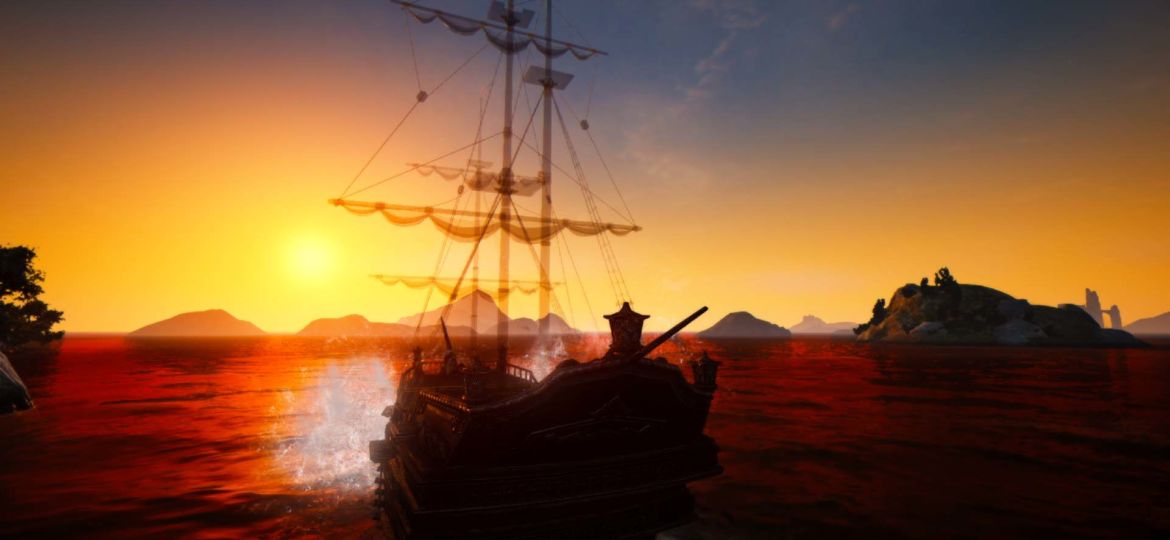 Schiff fährt in den Sonnenuntergang zwischen Inseln hindurch